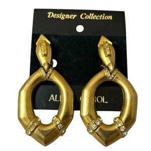 Vintage Clip On Designer Collection Gold Tone Rhinestone Dangle Earrings Bold